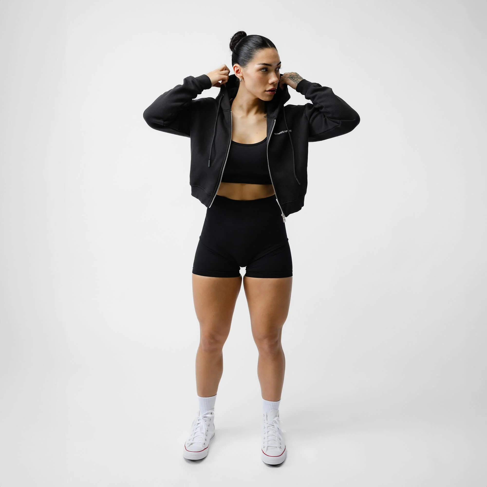 Cropped Zip-Up Hoodie - Black - Image 4