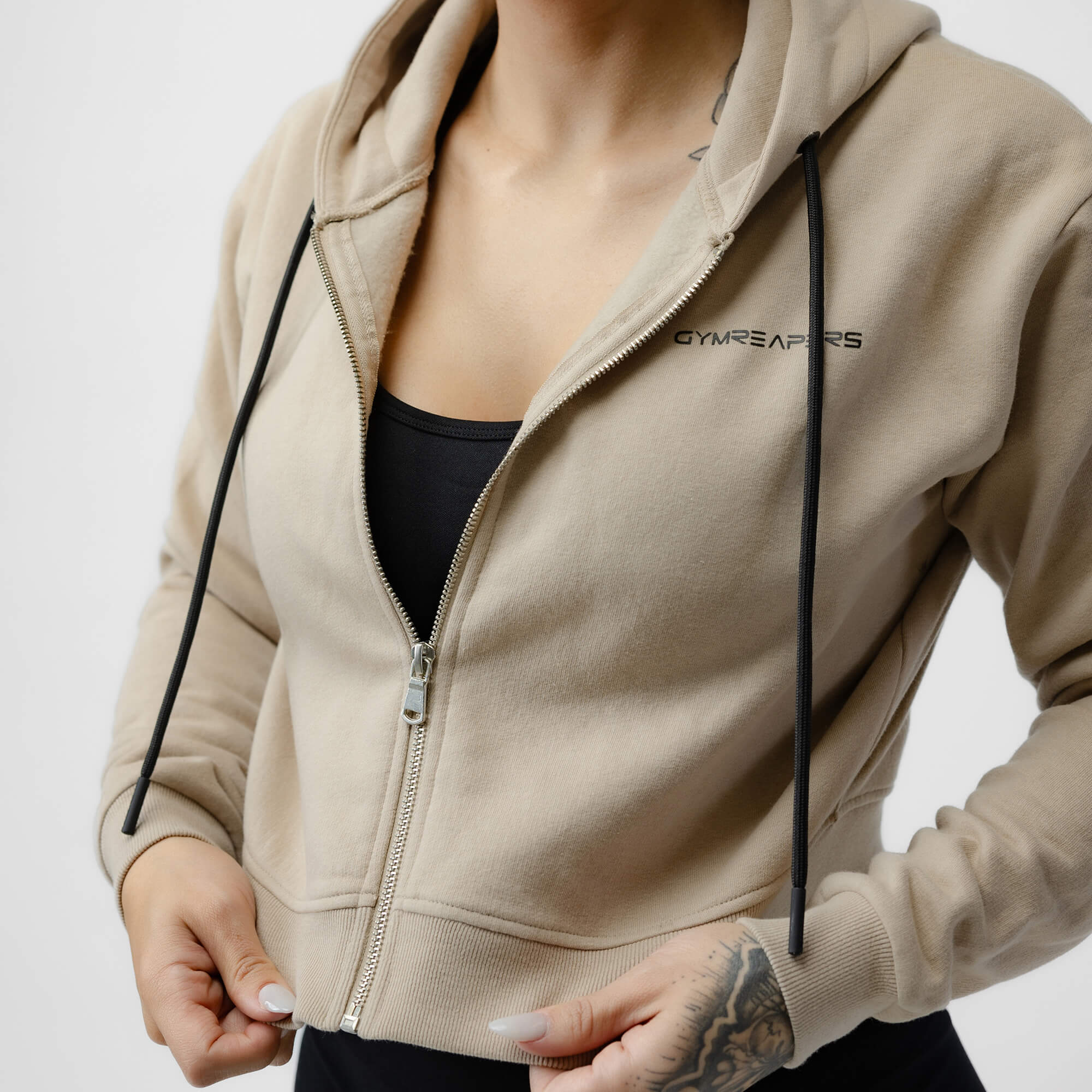 Cropped Zip-Up Hoodie - Tan - Image 3