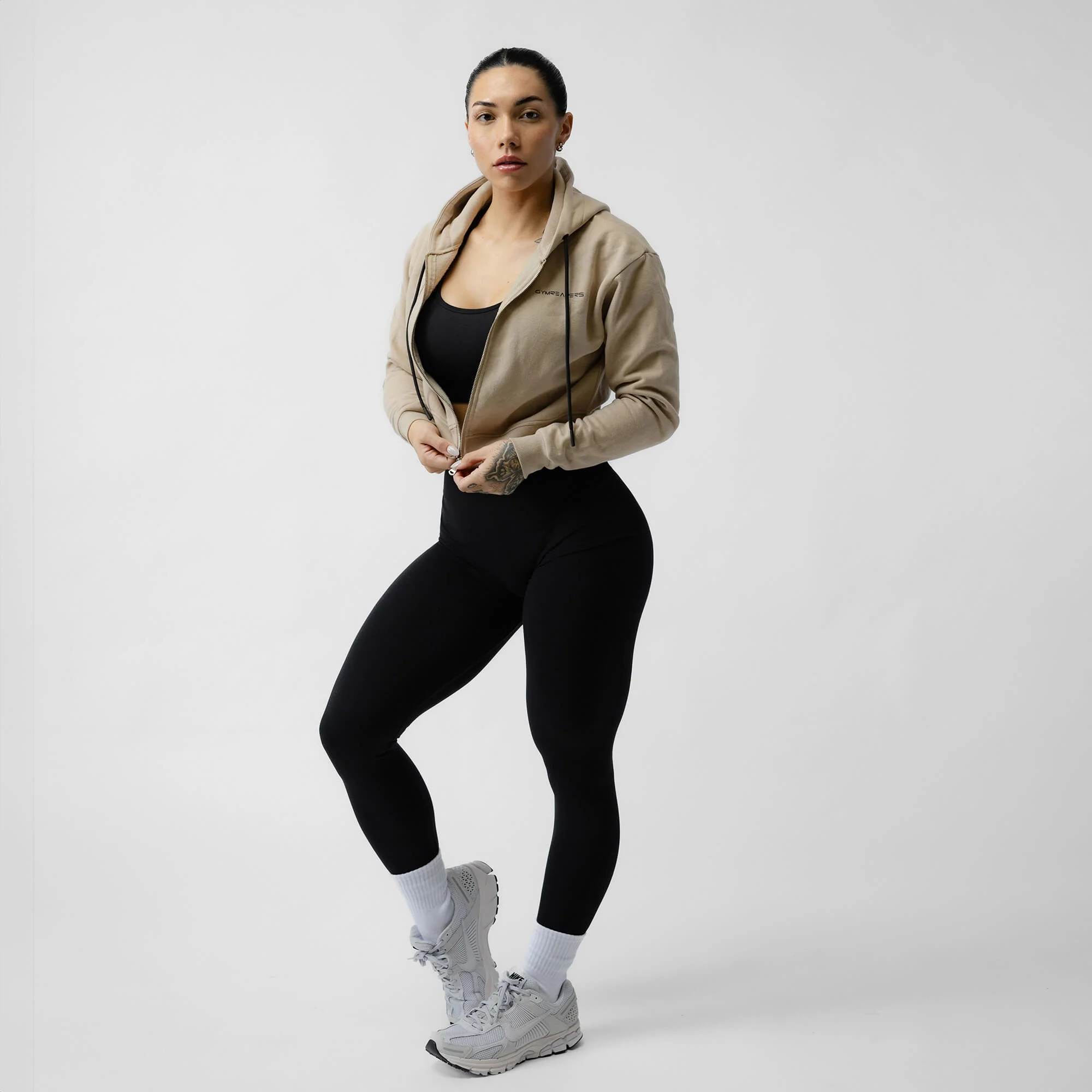 Cropped Zip-Up Hoodie - Tan - Image 4