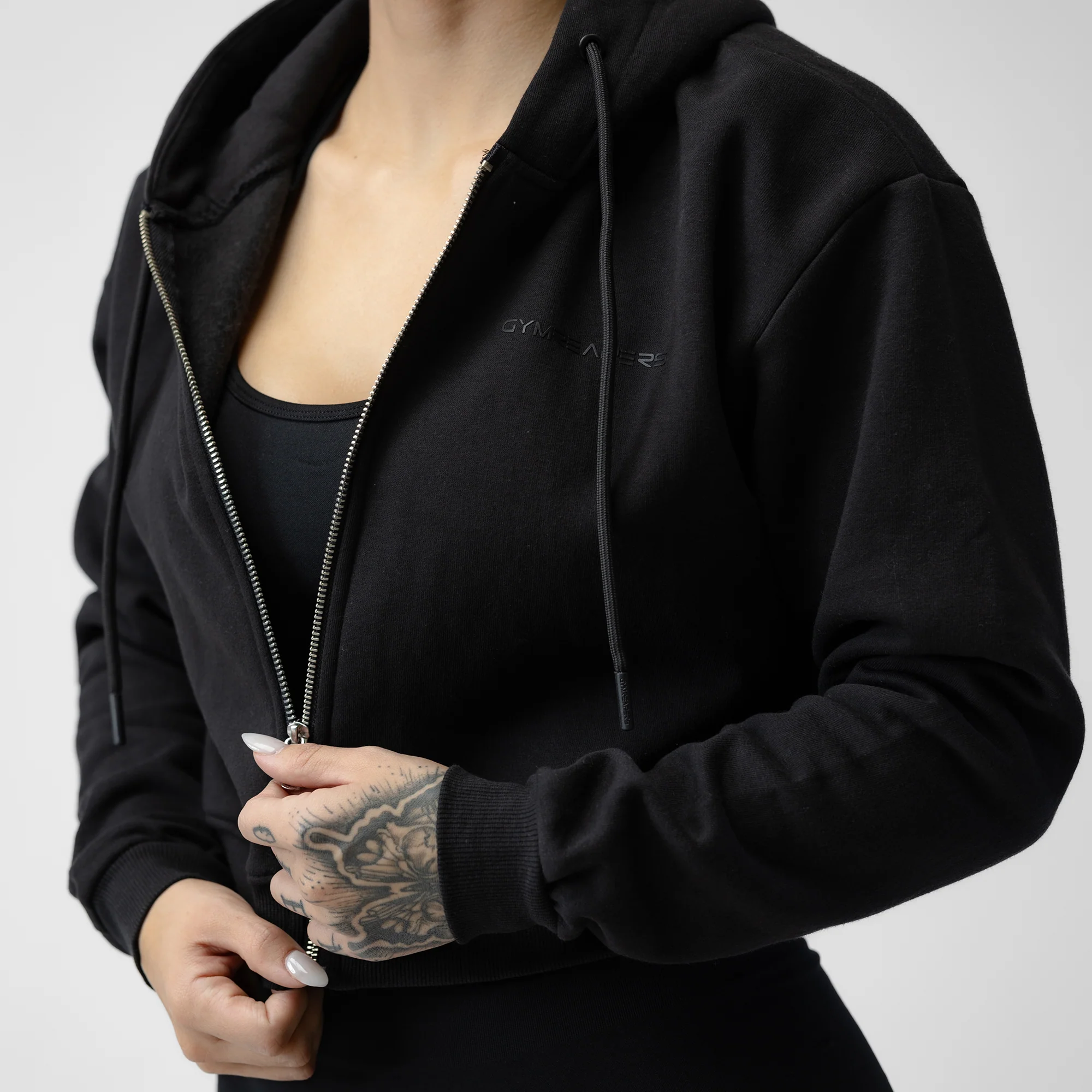 Cropped Zip-Up Hoodie - Black/Black - Image 2