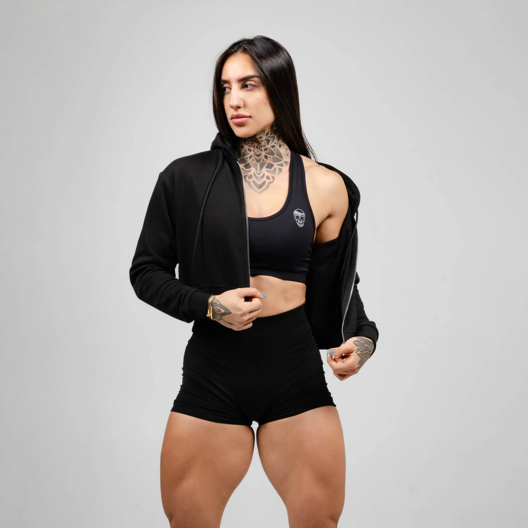 Cropped Zip-Up Hoodie - Black/Black - Image 4
