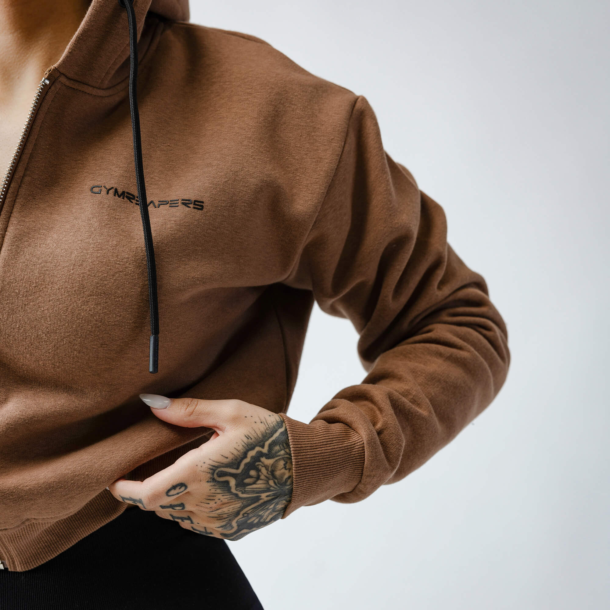 Cropped Zip-Up Hoodie - Caramel - Image 3