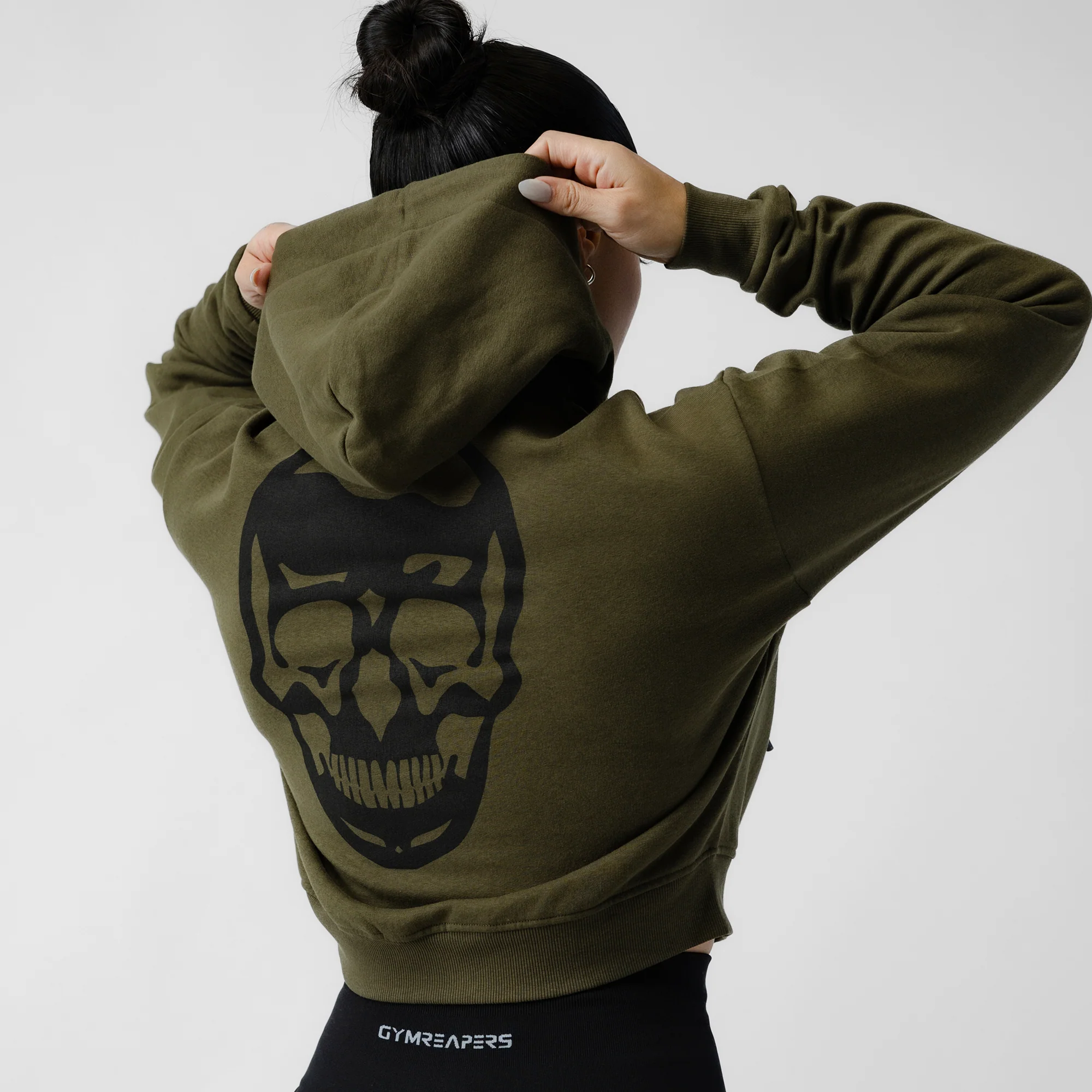 Cropped Zip-Up Hoodie - OD Green/Black - Image 2
