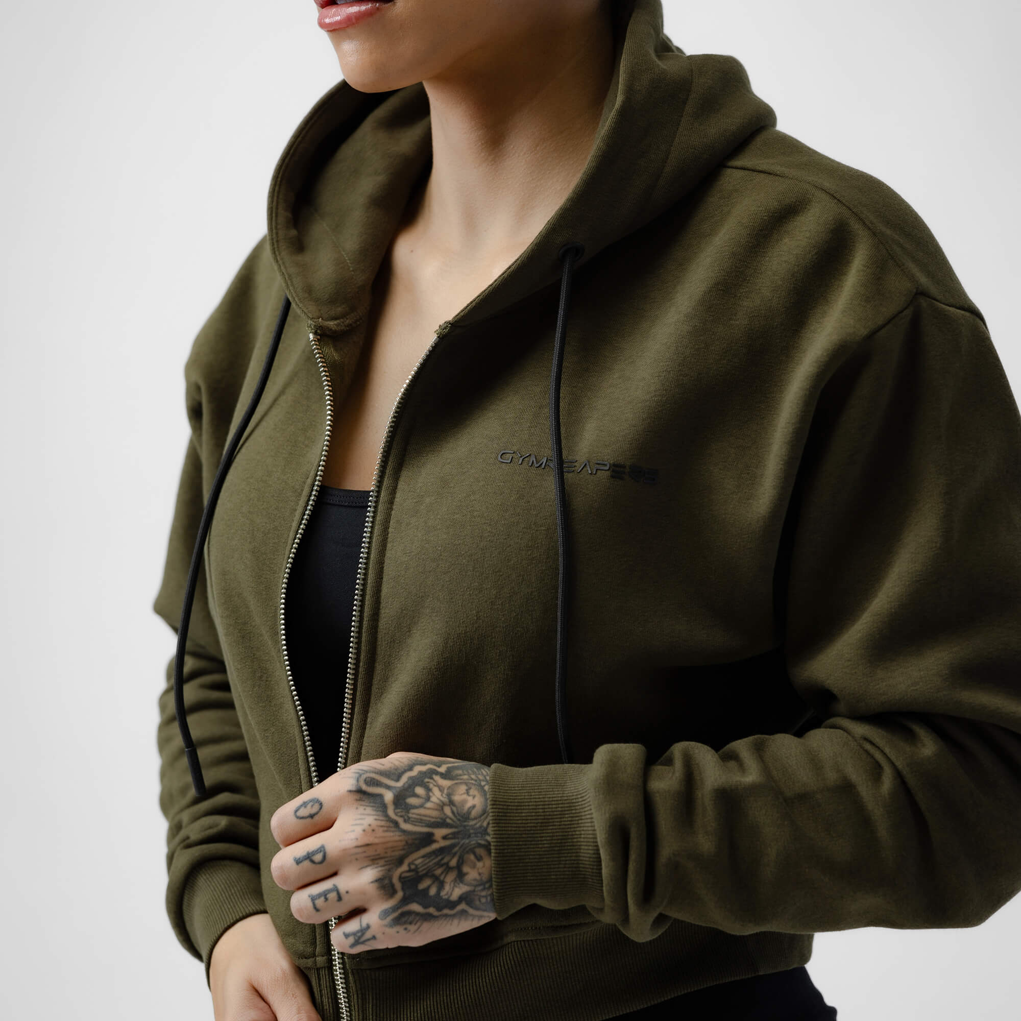 Cropped Zip-Up Hoodie - OD Green/Black - Image 3