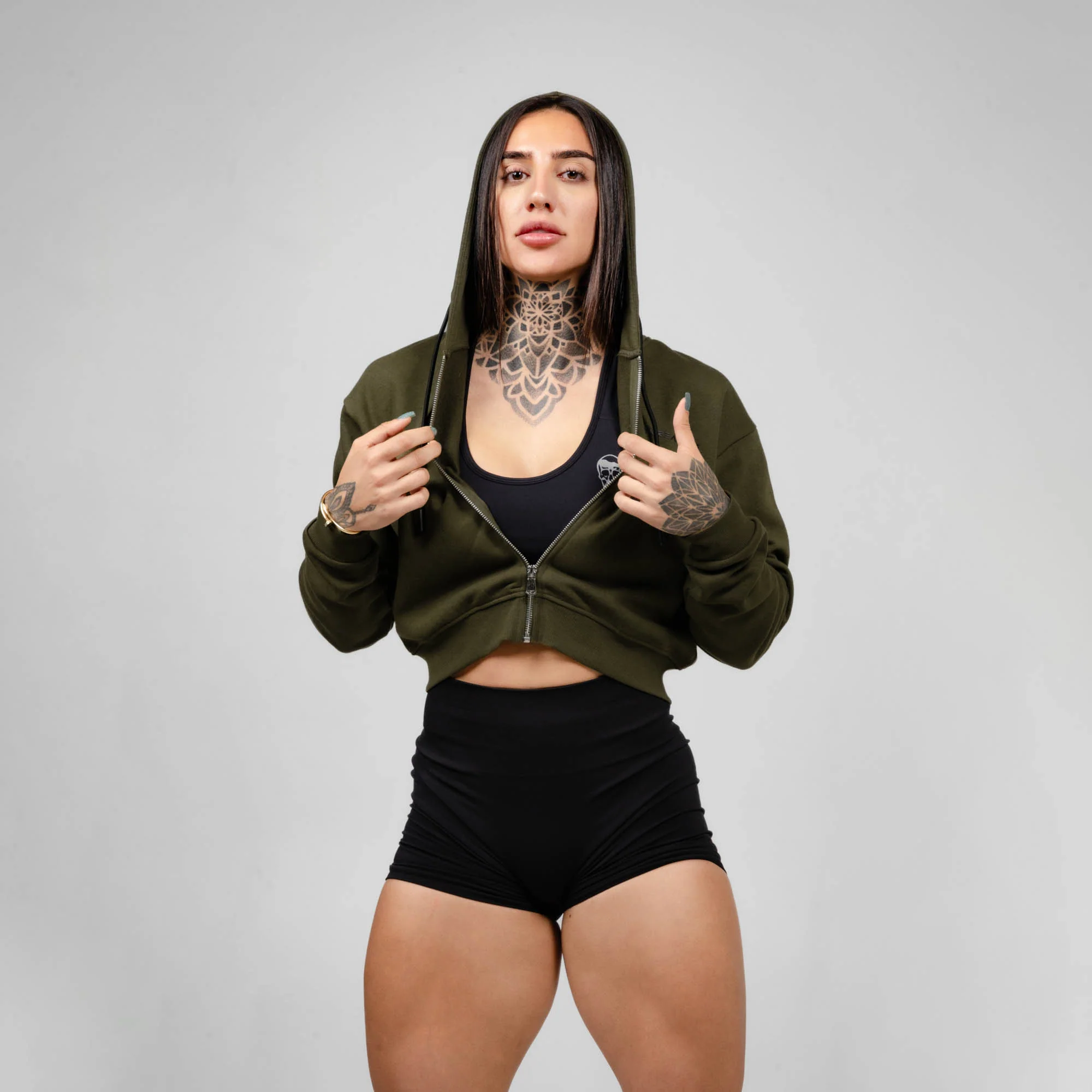 Cropped Zip-Up Hoodie - OD Green/Black - Image 4