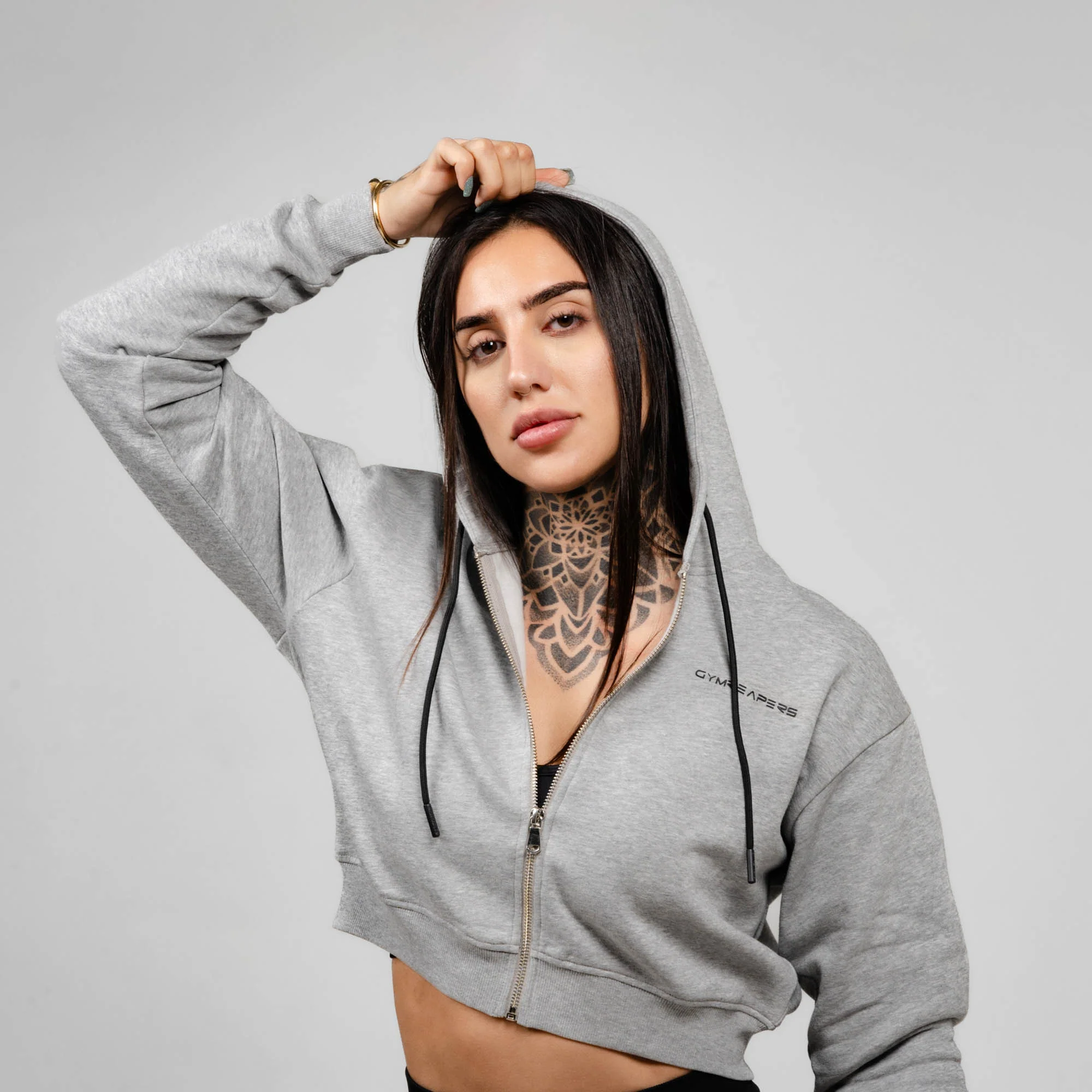 Cropped Zip-Up Hoodie - Heather Gray - Image 2