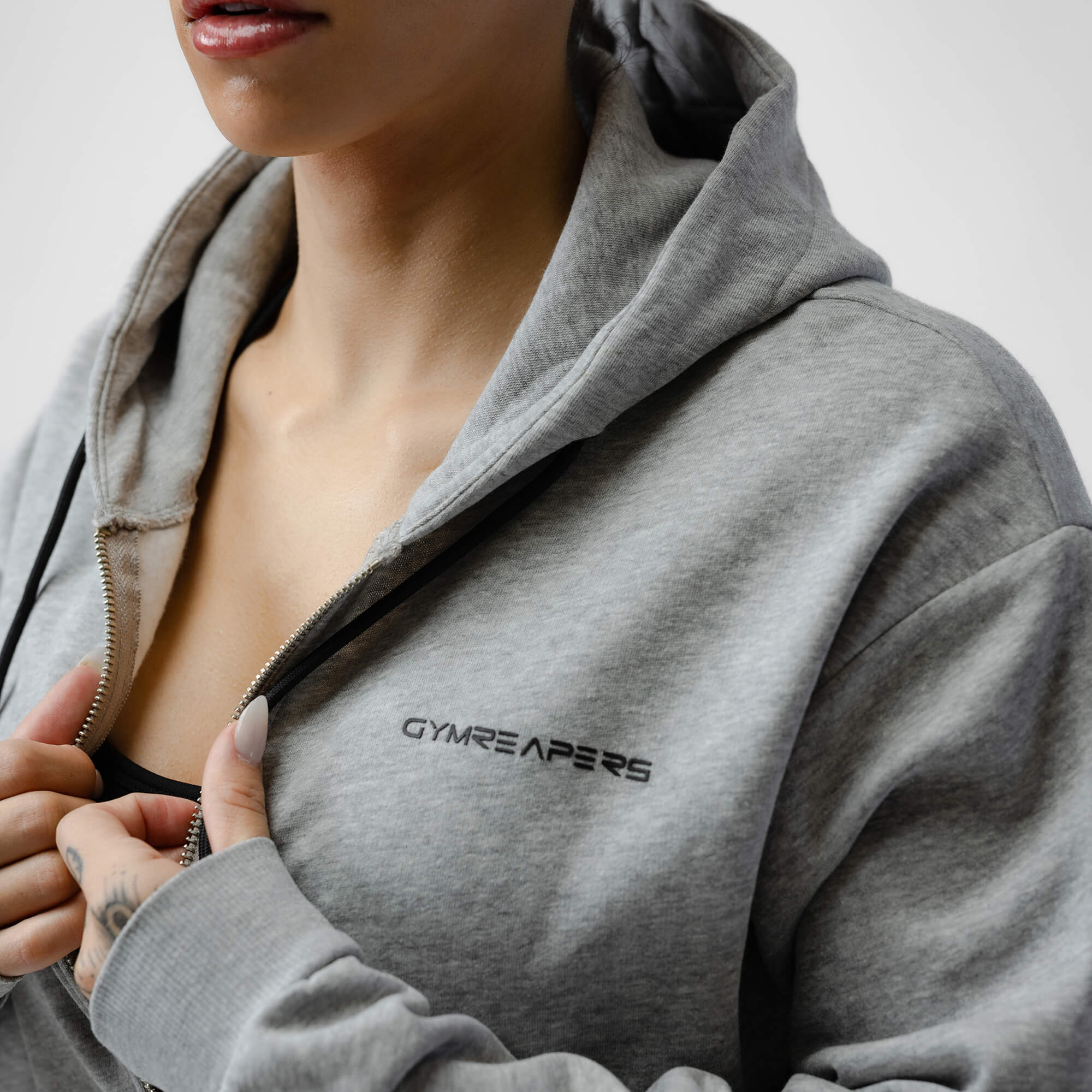 Cropped Zip-Up Hoodie - Heather Gray - Image 4
