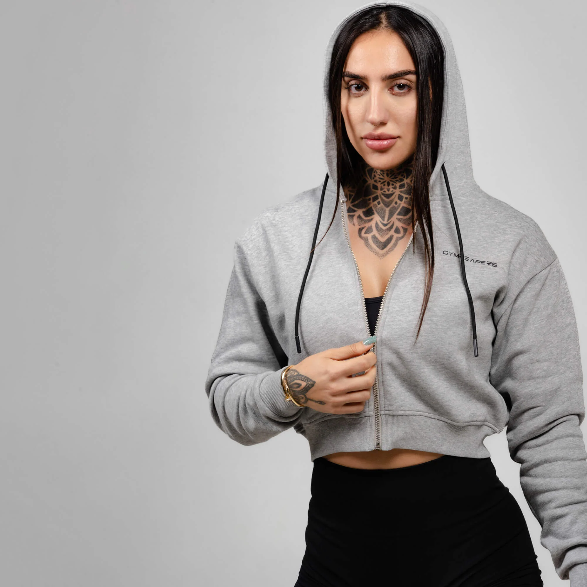 Cropped Zip-Up Hoodie - Heather Gray - Image 5