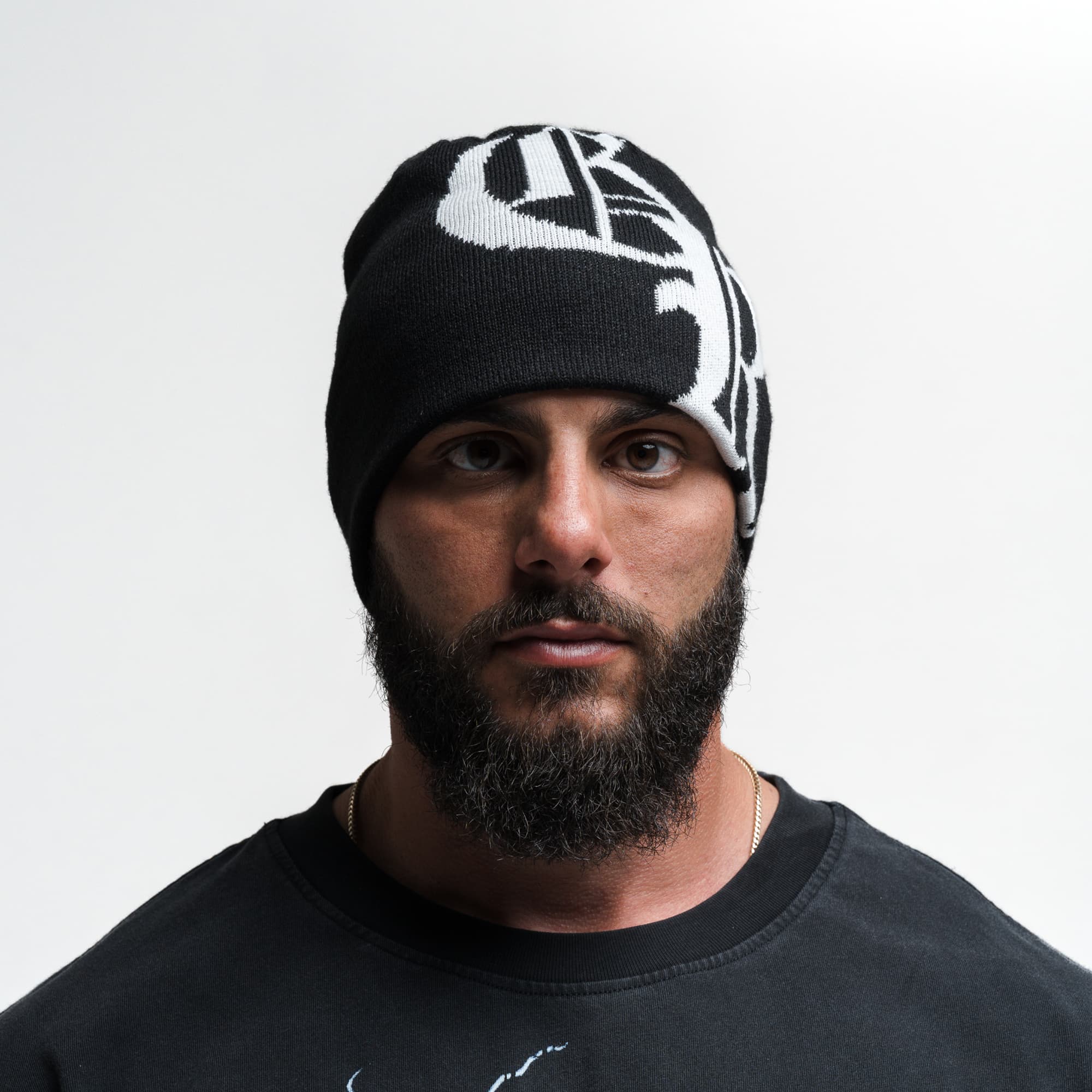 Initial Skull Cap Beanie - Black/White - Image 2