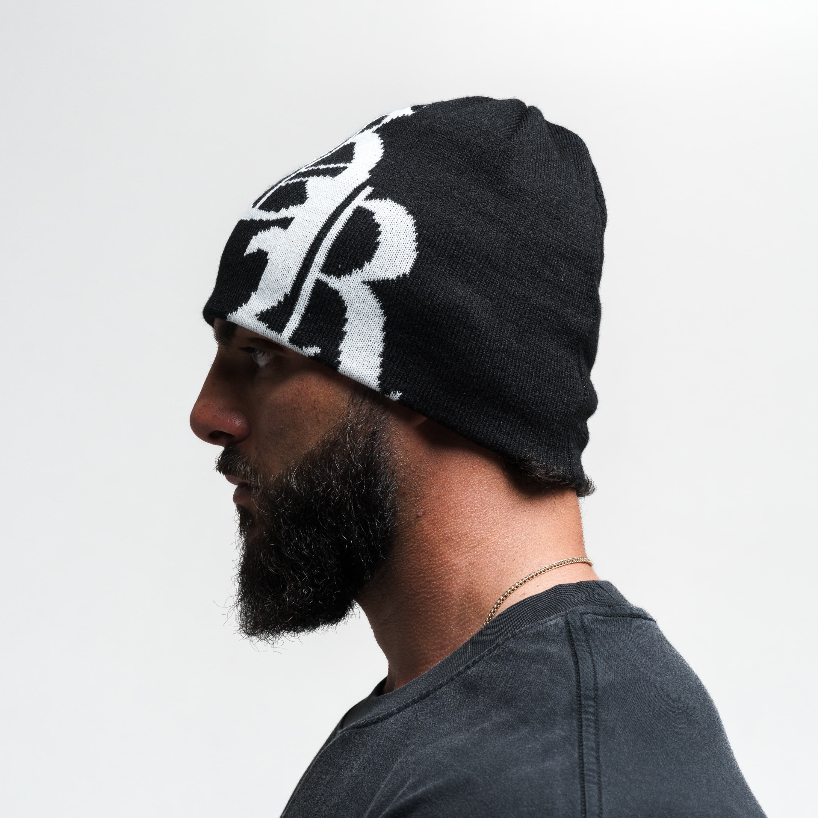 Initial Skull Cap Beanie - Black/White - Image 3